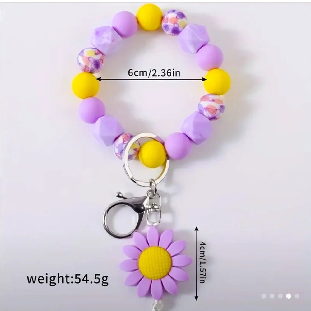 Purple and Yellow Beaded Keychain with Flower Charm